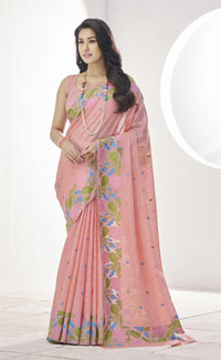Soft Pink Floral Print Linen Silk Saree