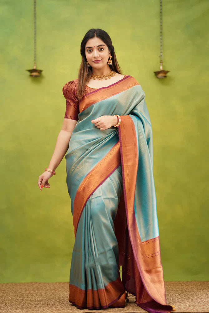 Stunning-Blue-Soft-Lichi-Silk-Saree-with-Intricate-Jacquard-Design-and-Rich-Pallu