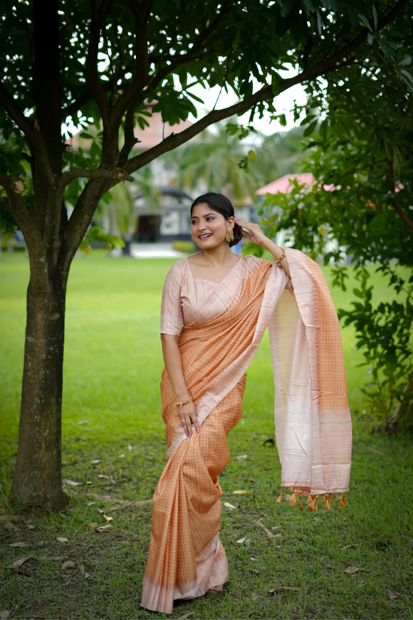 Traditional Soft Tussar Silk Saree with Cheks Printed Pattern