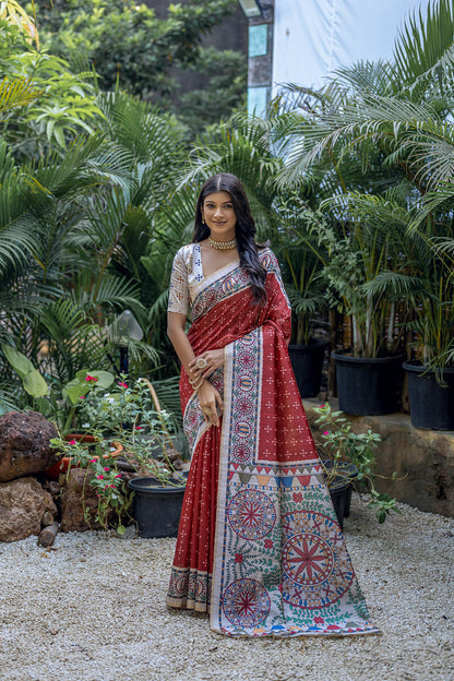 Traditional Soft Tussar Silk Saree with Vibrant Madhubani Pallu