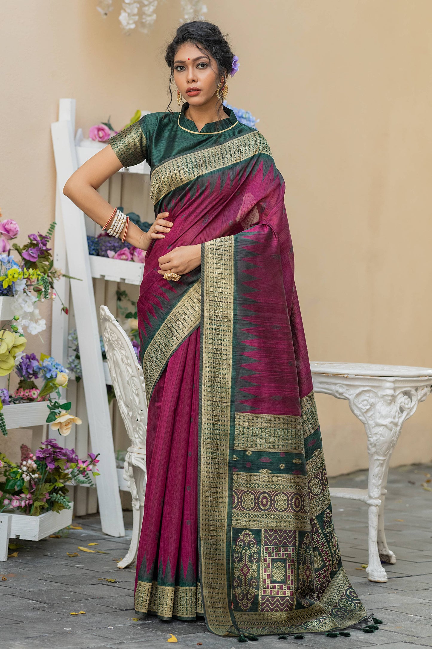 Traditional Tussar Silk Saree with Temple Border & Butti Work