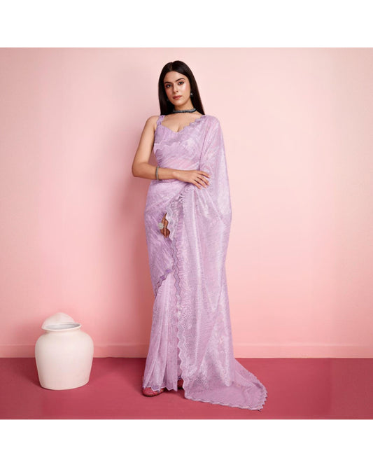 Soft Silver Twill Net Striped Pattern Embroidery Saree