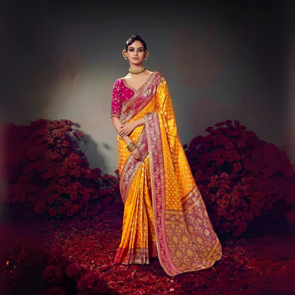 Orange Embroidery Work Satin Silk Saree