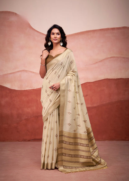 Beige Zari Weaving Cotton Saree