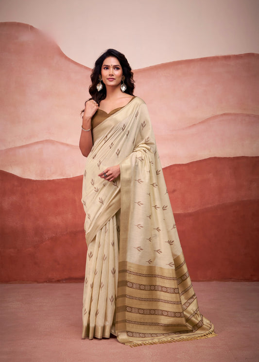 Beige Zari Weaving Cotton Saree