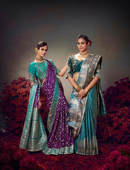 Purple Embroidery Work Satin Silk Saree