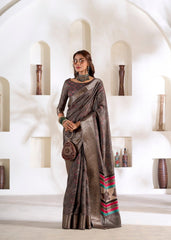 Brown Foli Print Soft Dola Silk Saree