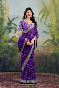 Purple Embroidery Work Georgette Saree