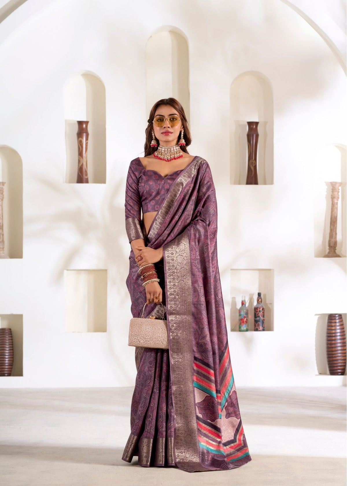 Purple Foli Print Soft Dola Silk Saree