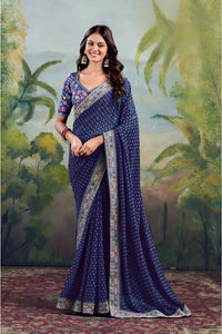 Navy Blue Georgette Embroidery Work Saree