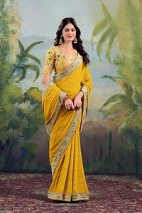 Yellow Embroidery Work Georgette Saree
