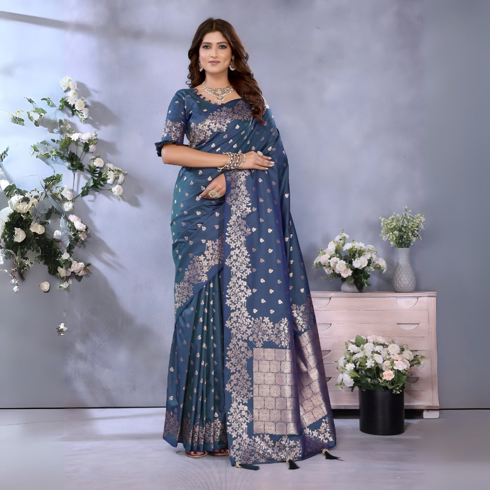 Deep Navy Blue Gala Weaving Banarasi Silk Saree