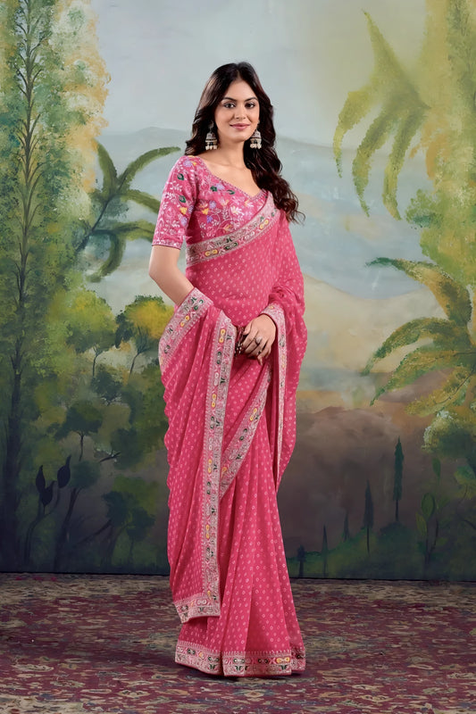 Pink Embroidery Work Georgette Saree