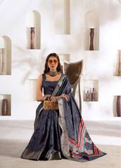 Blue Foli Print Soft Dola Silk Saree