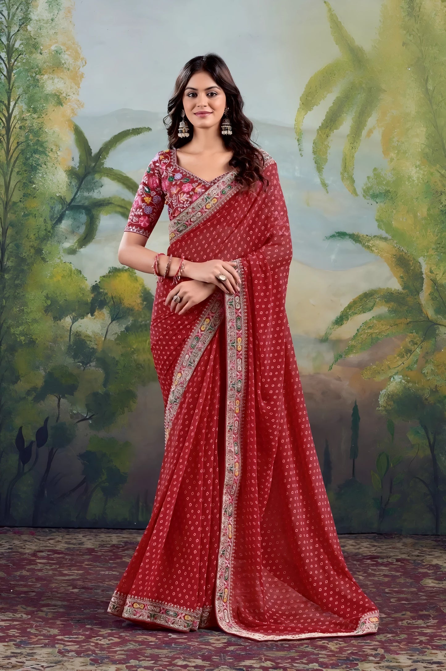 Red Embroidery Work Georgette Saree