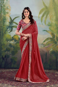 Red Embroidery Work Georgette Saree
