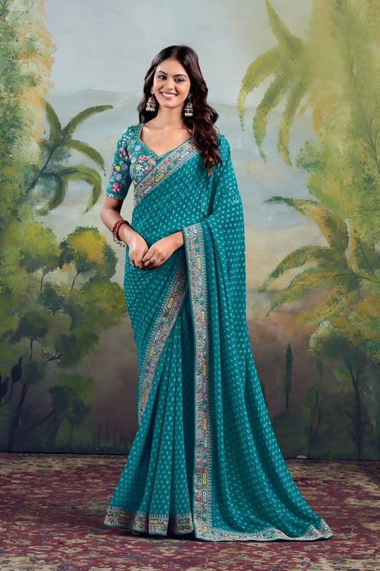 Sea Green Embroidery Work Georgette Saree