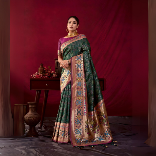 Dark Green Zari Weaving Soft Banarasi Silk Saree