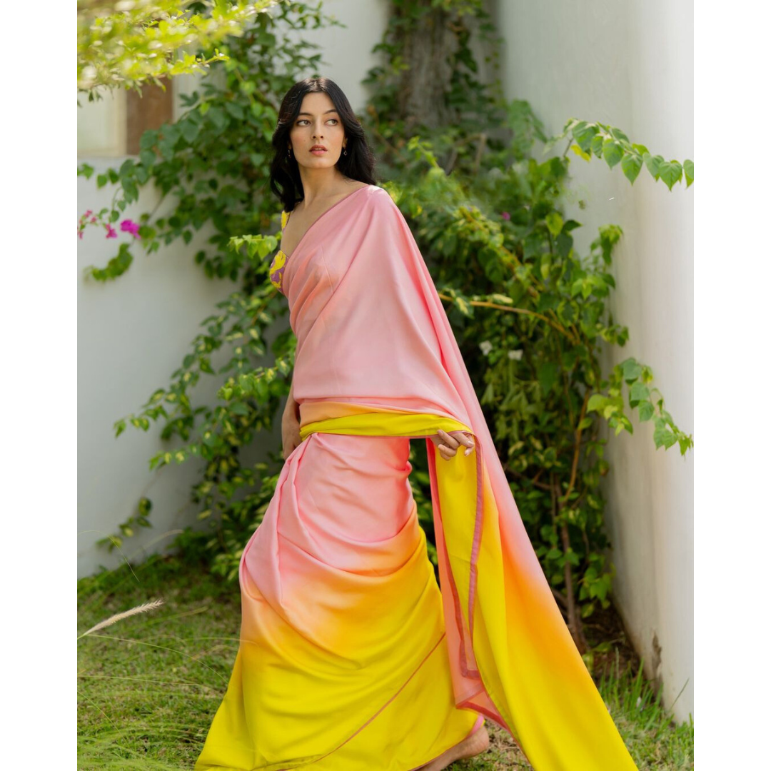 Vibrant Satin Silk Saree in Pink and Yellow – Ethnic Wear for Women