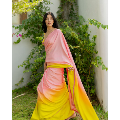 Vibrant Satin Silk Saree in Pink and Yellow – Ethnic Wear for Women