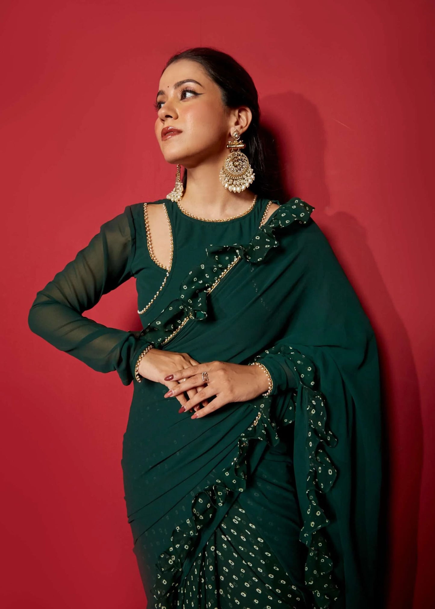 Opal Green Pre Draped Frilled Saree