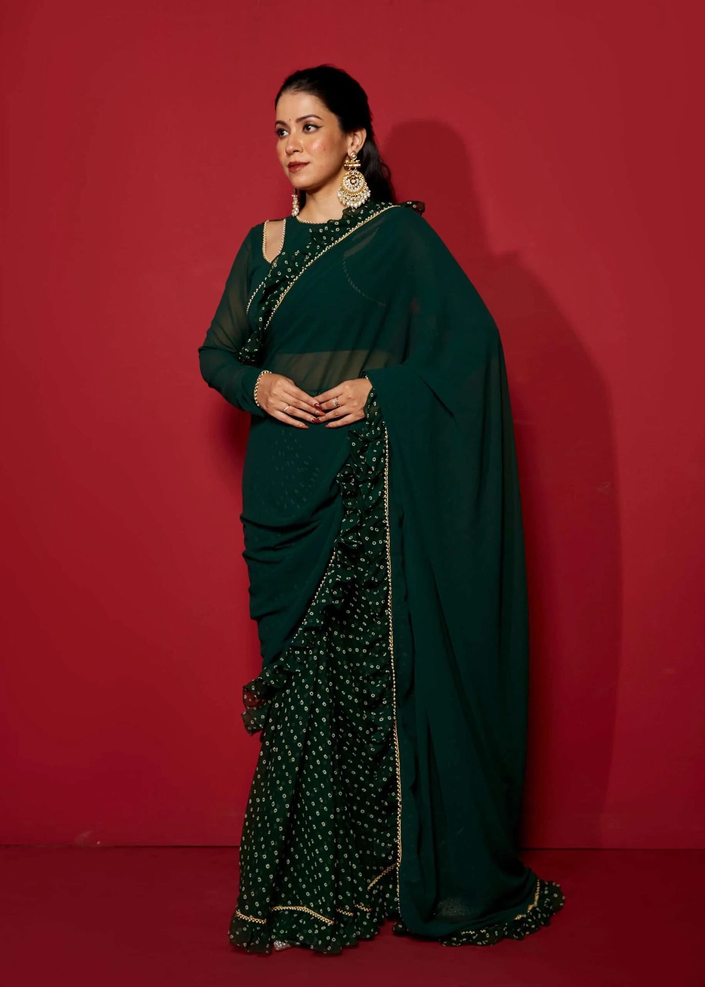 Opal Green Pre Draped Frilled Saree