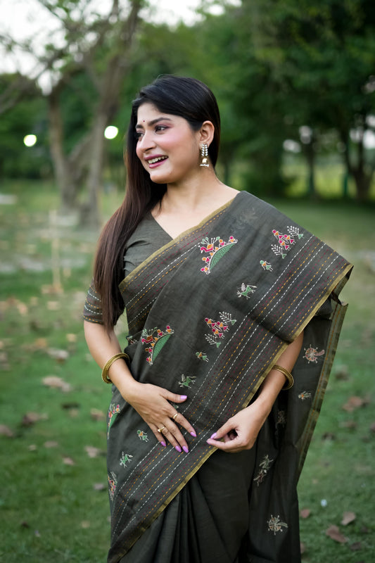 Black Thread Work Khadi Tusar Silk Saree