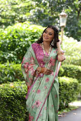 Pastel Sea Green Floral Print Soft Tusar Silk