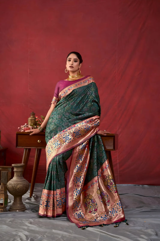 Dark Green Zari Weaving Soft Banarasi Silk Saree