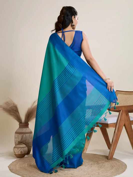 Sea Blue Temple Weaving Raw Silk Saree