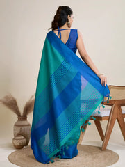 Sea Blue Temple Weaving Raw Silk Saree