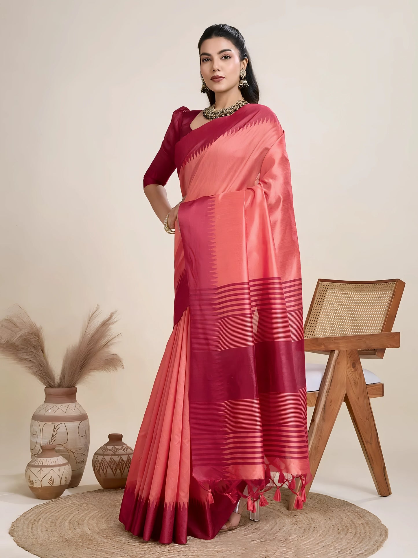 Maroon Temple Weaving Raw Silk Saree
