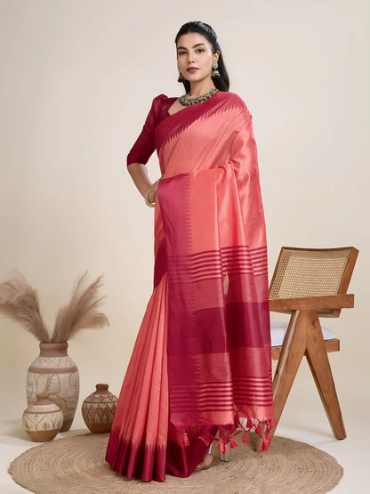 Maroon Temple Weaving Raw Silk Saree
