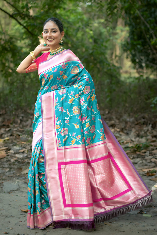 Rama Blue Soft Banarasi Silk Zari Weaving Saree