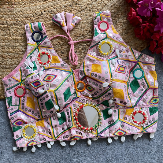 Pink Soft Silk Embroidery with Mirror Work Blouse