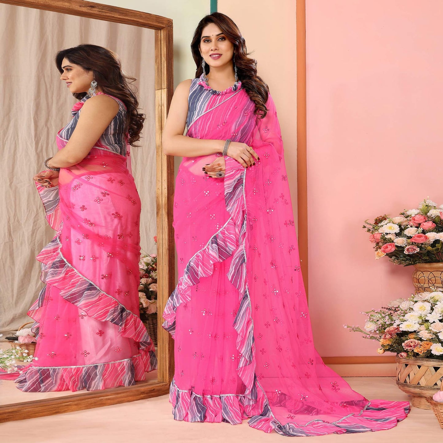 Mirror Work Net Saree