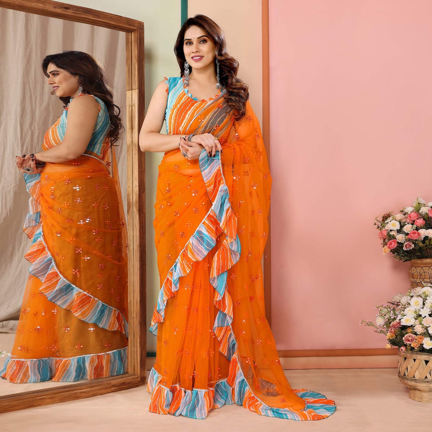 Mirror Work Net Saree