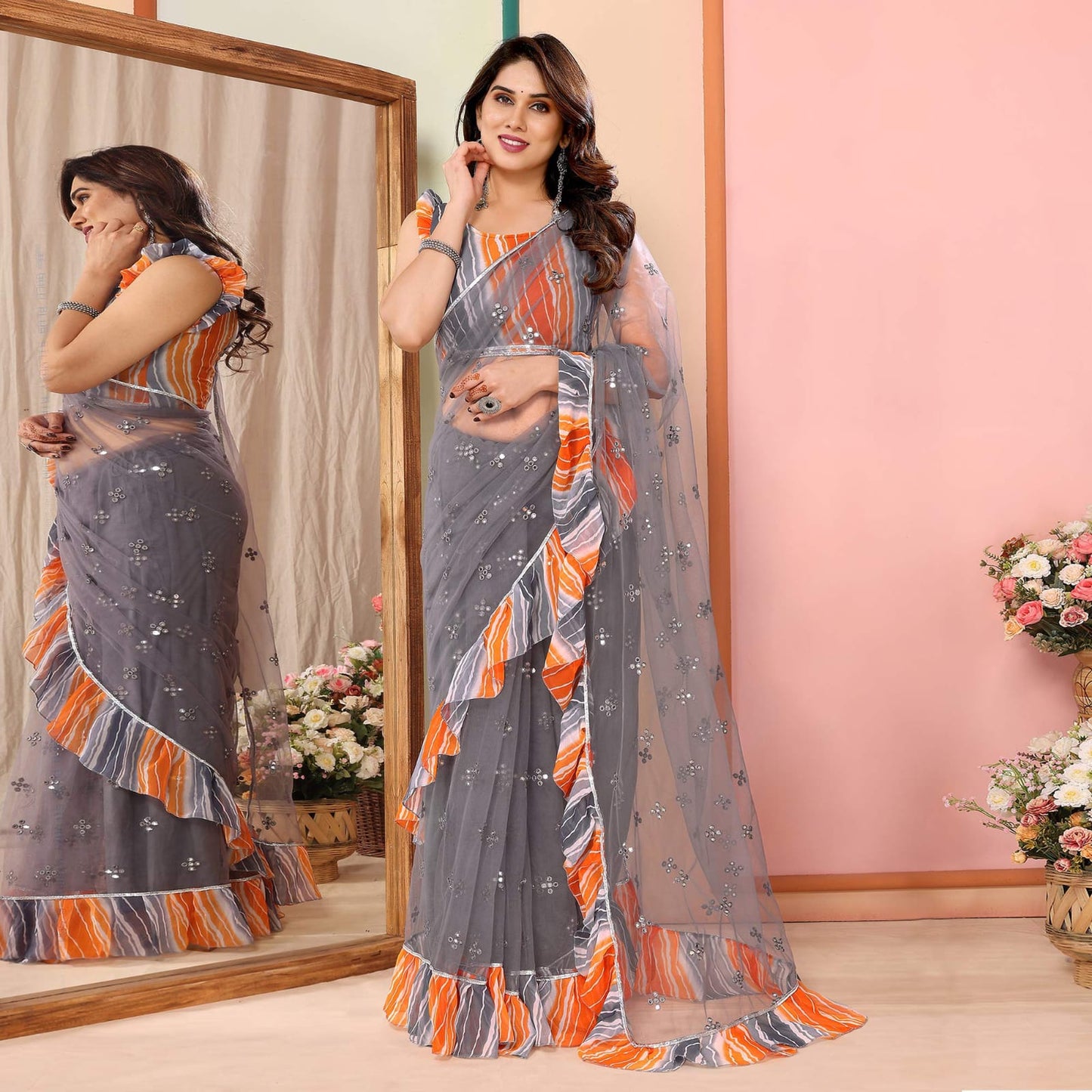 Mirror Work Net Saree