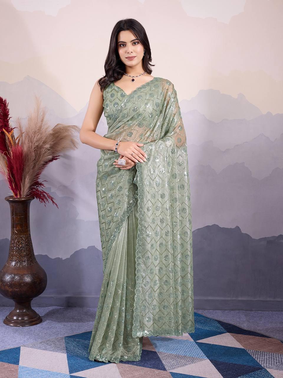 Designer Net Saree with Intricate Hand Embroidery and Sequins Work – Perfect for Festive Occasions