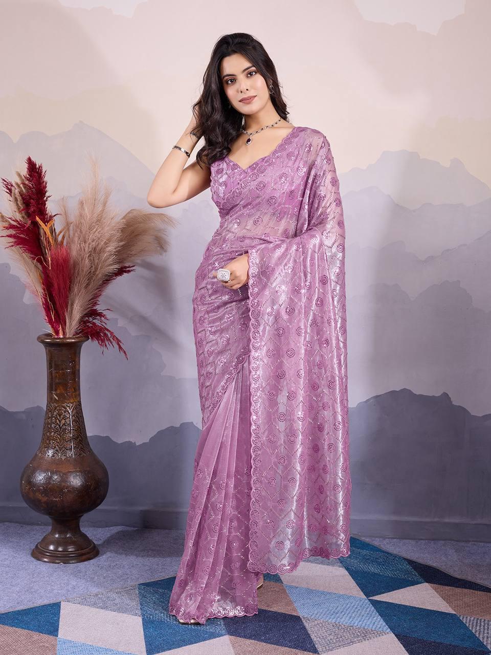 Designer Net Saree with Intricate Hand Embroidery and Sequins Work – Perfect for Festive Occasions