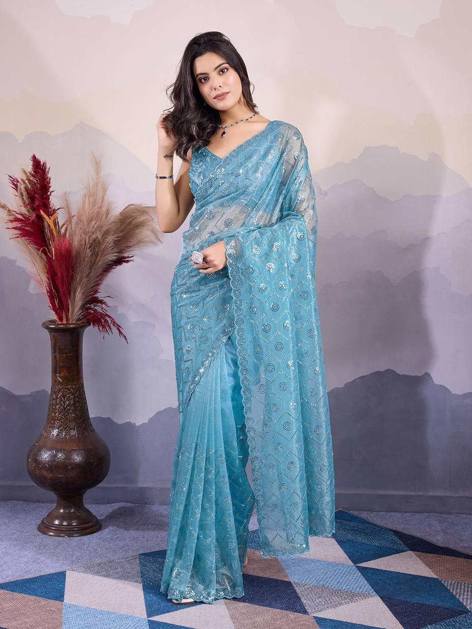 Designer Net Saree with Intricate Hand Embroidery and Sequins Work – Perfect for Festive Occasions