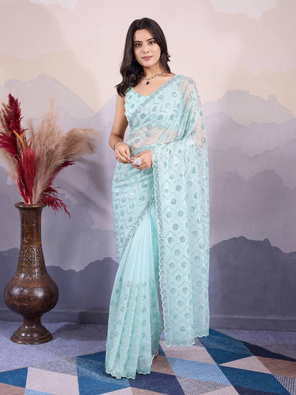 Designer Net Saree with Intricate Hand Embroidery and Sequins Work – Perfect for Festive Occasions