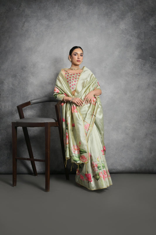 Pista Floral Printed Soft Tussar Silk Saree