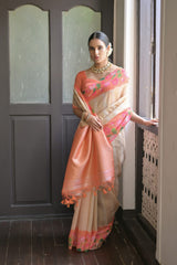 Light Peach Zari Work Soft Silk Saree