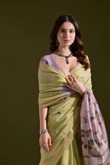 Pista Floral Printed Soft Tussar Silk Saree