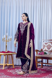 Wine Sequins Embroidery Work Viscose Velvet Suit