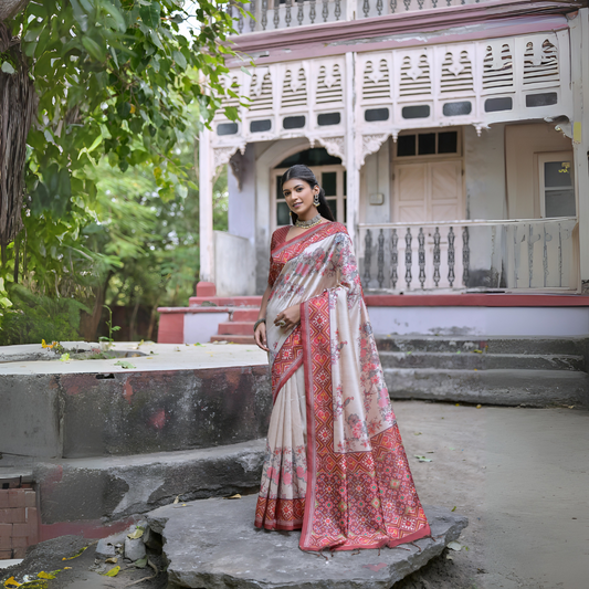Woman wearing an off-white silk saree with red Patola-inspired geometric and floral borders, paired with a matching blouse and traditional jewelry, elegantly posing on stone steps in front of a vintage heritage house with ornate wooden railings and lush green trees in the background.