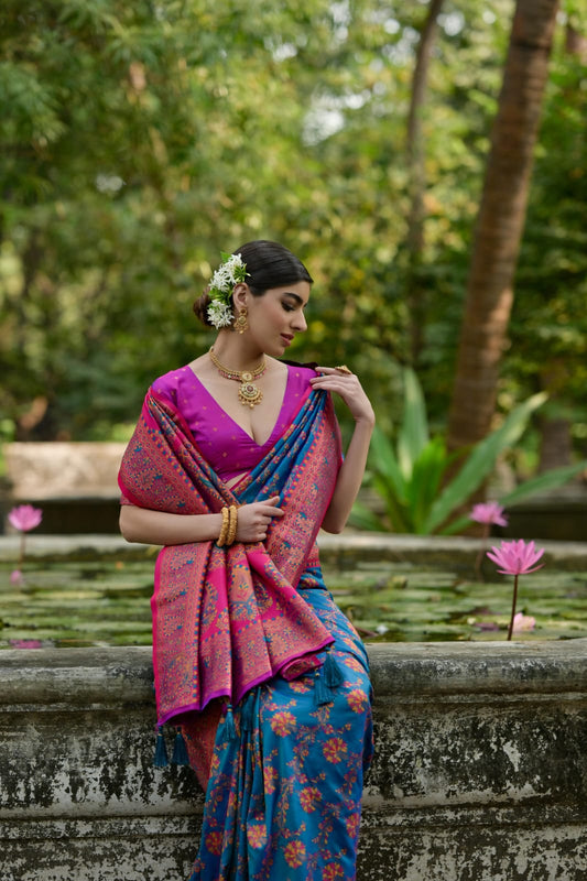 Deep navy blue Zari work soft Pashmina silk saree featuring an intricate Kashmiri-style jal weaving pattern, perfect for festive and traditional occasions.
