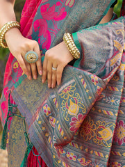 Dark Pink Banarasi Weaving Pochampalli Soft Silk Saree