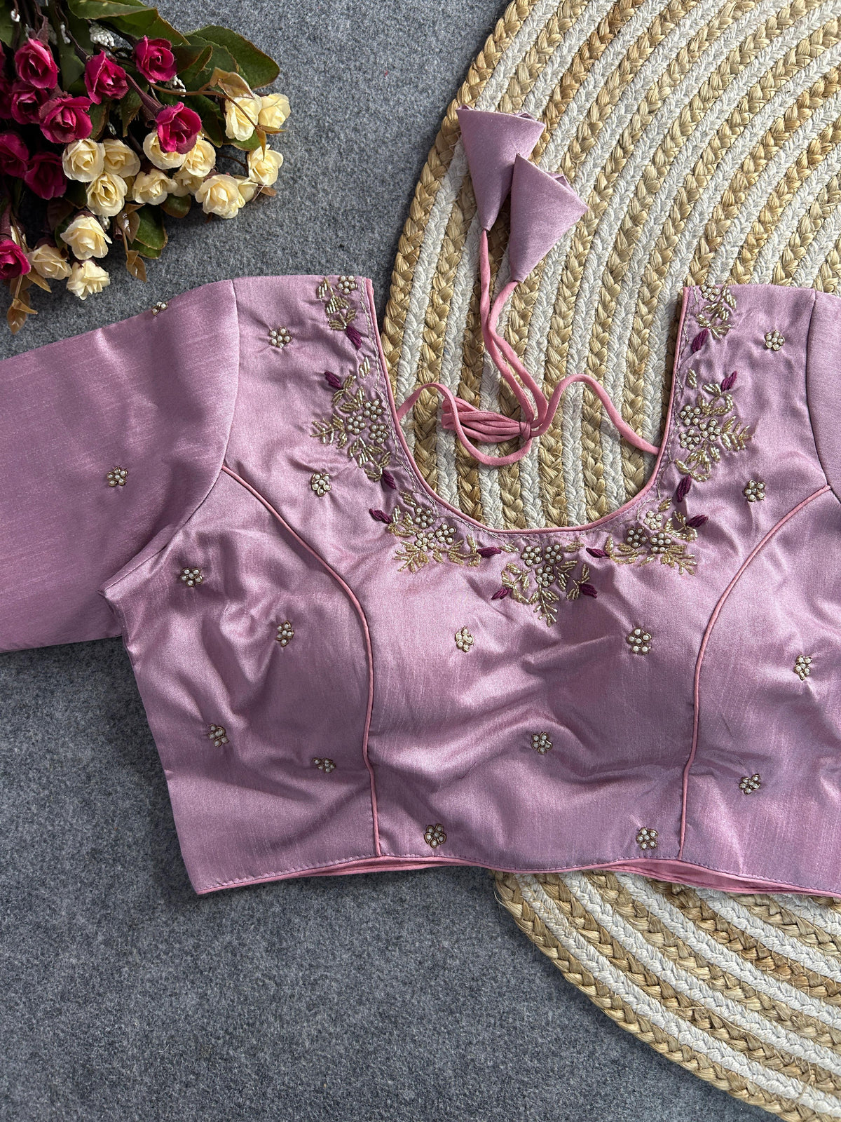 Lavender pink floral embroidery Banglori silk blouse with intricate design, perfect for traditional and festive occasions